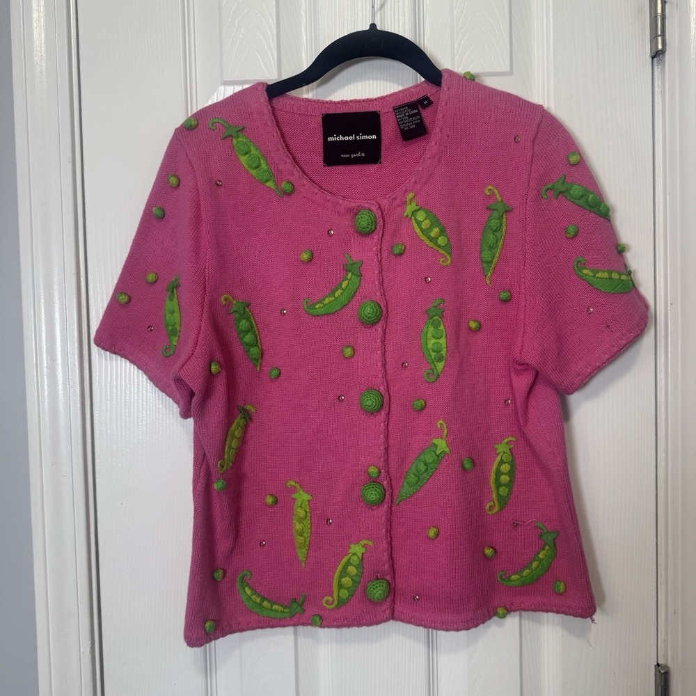 Vintage 90's Michael Simon Sequin Sweater Sz Medium M Peas Pink Green - Picture 1 of 5